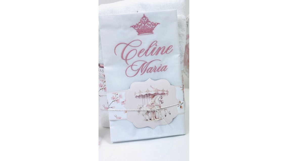 Trusou botez carusel cu cai roz pal si flori pastelate Pink Carousel 3
